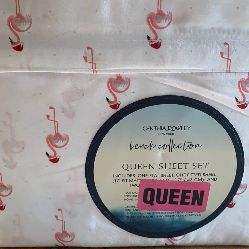 Cynthia Rowley Christmas flamingo Santa sheet Set Queen NEW